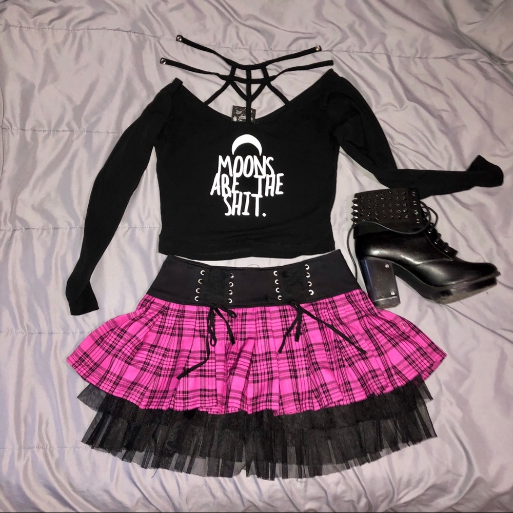 Royal Bones Pink Plaid Mini Skirt
